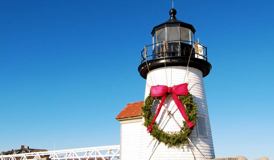 Nantucket lighthouse with a Christmas wreath