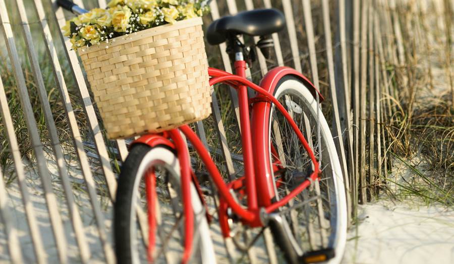 Red bicycle with a basket of yellow flowers leaned up against a beach fence